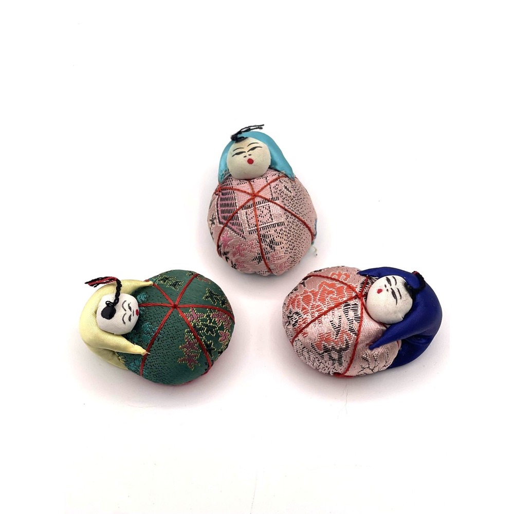 VTG Japanese Nemuri Ningyo Doll Pincushions Brocade Fabric Sewing Cushions Set 3